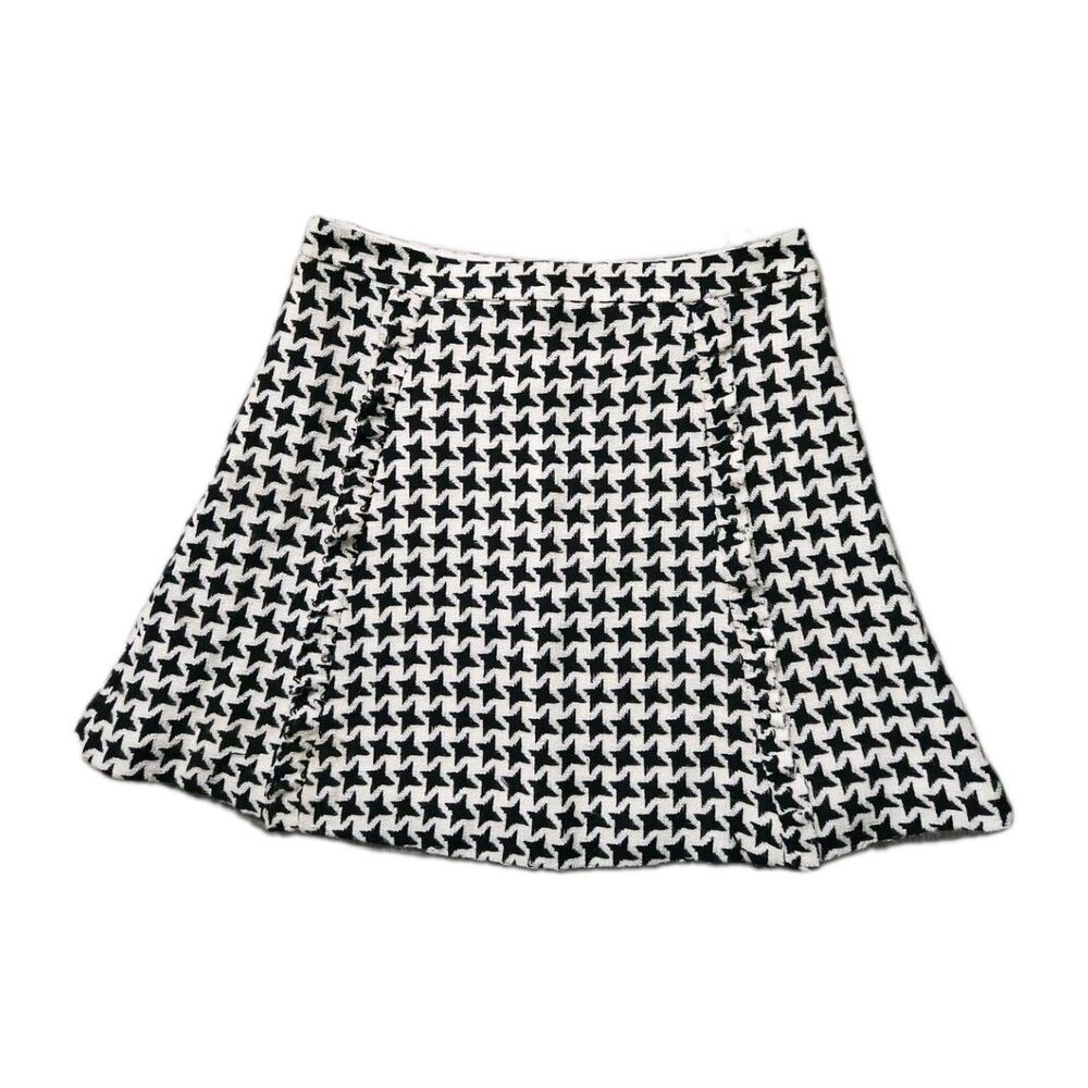 LOFT Houndstooth Tweed A-Line Mini Skirt Black White Ruffle Lined Sz 10 EUC